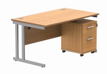 Straight Cantilever Desk & Pedestal Bundle | Desk 1400w x 800d | 2 Drawer Mobile Pedestal | Norweigan Beech | Silver | Everyday VALUE