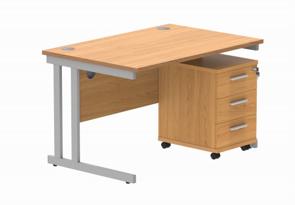 Straight Cantilever Desk & Pedestal Bundle | Desk 1200w x 800d | 3 Drawer Mobile Pedestal | Norweigan Beech | Silver | Everyday VALUE