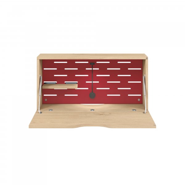 Wall Mounted Desk | 800 x 230mm | Oak Laminate | Cardinal Red Panel | Bisley Hideaway