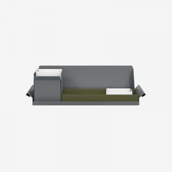 Desk Organiser | Small | Olive Green Large Inner Trays | Traffic White Small Inner Trays | Bisley Mosaic