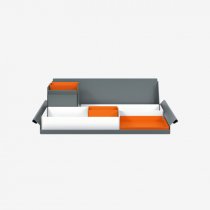 Desk Organiser | Large | Traffic White Large Inner Trays | Bisley Orange Small Inner Trays | Bisley Mosaic