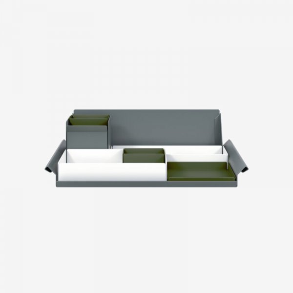 Desk Organiser | Large | Traffic White Large Inner Trays | Olive Green Small Inner Trays | Bisley Mosaic