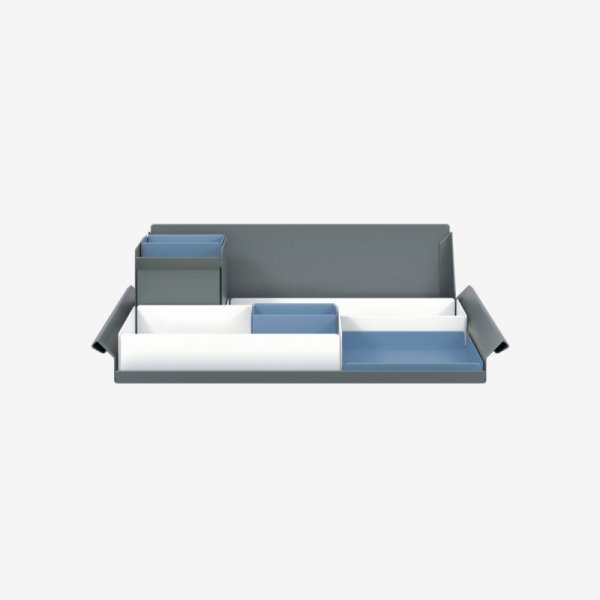 Desk Organiser | Large | Traffic White Large Inner Trays | Bisley Blue Small Inner Trays | Bisley Mosaic