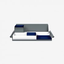 Desk Organiser | Large | Traffic White Large Inner Trays | Oxford Blue Small Inner Trays | Bisley Mosaic