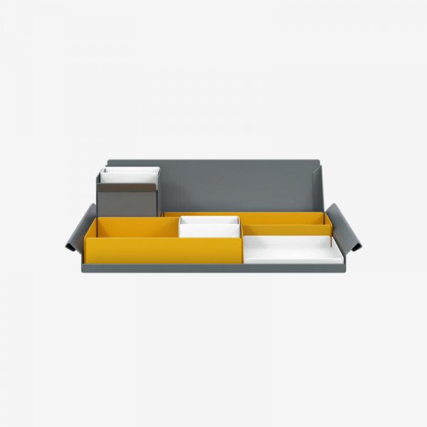 Desk Organiser | Large | Golden Sunflower Yellow Large Inner Trays | Traffic White Small Inner Trays | Bisley Mosaic