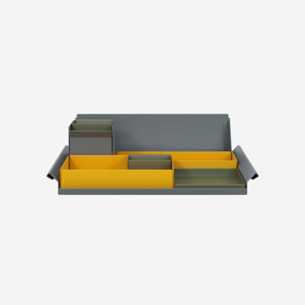 Desk Organiser | Large | Golden Sunflower Yellow Large Inner Trays | Palest Pink Small Inner Trays | Bisley Mosaic