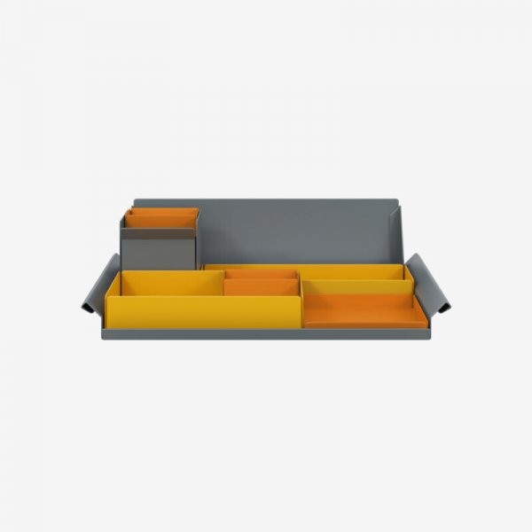 Desk Organiser | Large | Golden Sunflower Yellow Large Inner Trays | Bisley Orange Small Inner Trays | Bisley Mosaic