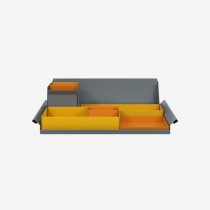 Desk Organiser | Large | Golden Sunflower Yellow Large Inner Trays | Olive Green Small Inner Trays | Bisley Mosaic