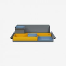 Desk Organiser | Large | Golden Sunflower Yellow Large Inner Trays | Bisley Blue Small Inner Trays | Bisley Mosaic