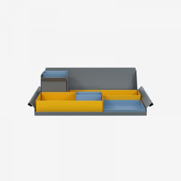 Desk Organiser | Large | Golden Sunflower Yellow Large Inner Trays | Bisley Blue Small Inner Trays | Bisley Mosaic