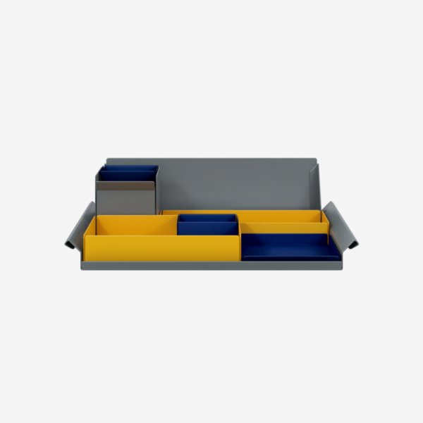 Desk Organiser | Large | Golden Sunflower Yellow Large Inner Trays | Oxford Blue Small Inner Trays | Bisley Mosaic