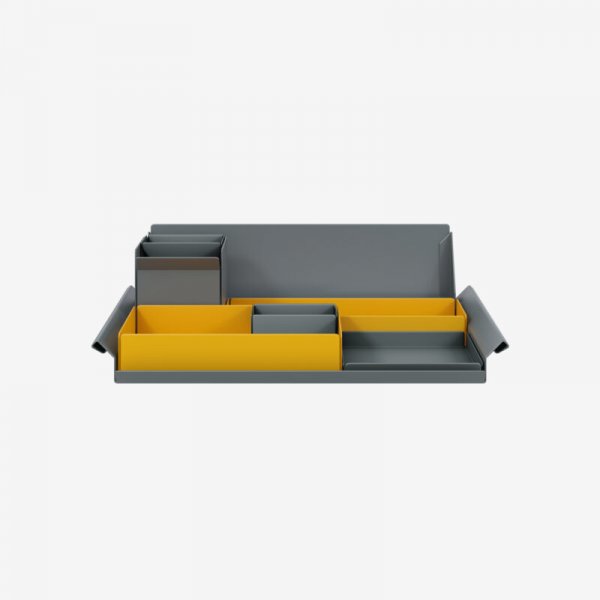 Desk Organiser | Large | Golden Sunflower Yellow Large Inner Trays | Anthracite Grey Small Inner Trays | Bisley Mosaic