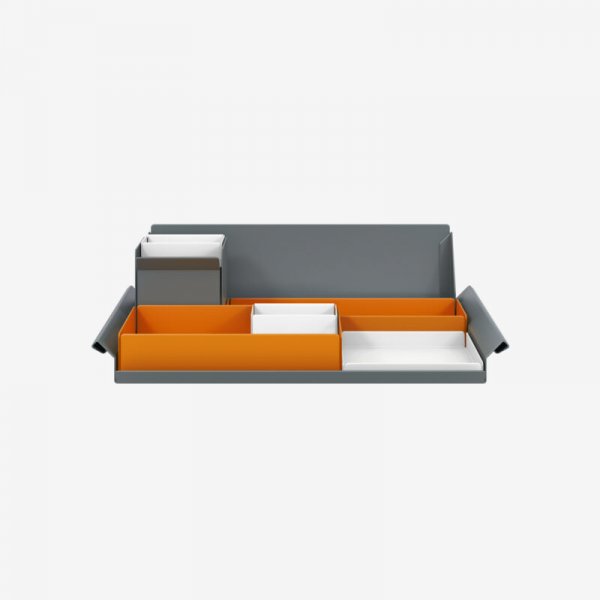 Desk Organiser | Large | Bisley Orange Large Inner Trays | Traffic White Small Inner Trays | Bisley Mosaic