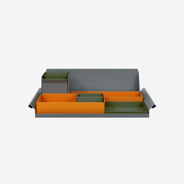Desk Organiser | Large | Bisley Orange Large Inner Trays | Olive Green Small Inner Trays | Bisley Mosaic