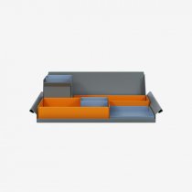 Desk Organiser | Large | Bisley Orange Large Inner Trays | Bisley Blue Small Inner Trays | Bisley Mosaic