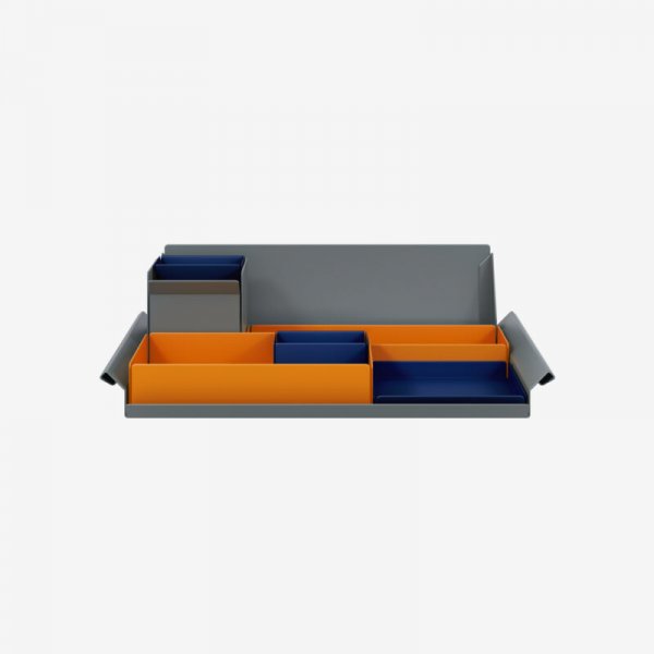 Desk Organiser | Large | Bisley Orange Large Inner Trays | Oxford Blue Small Inner Trays | Bisley Mosaic