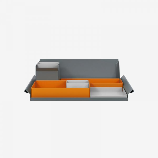 Desk Organiser | Large | Bisley Orange Large Inner Trays | Goose Grey Small Inner Trays | Bisley Mosaic