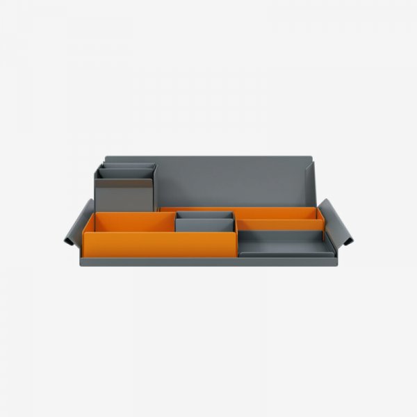 Desk Organiser | Large | Bisley Orange Large Inner Trays | Anthracite Grey Small Inner Trays | Bisley Mosaic
