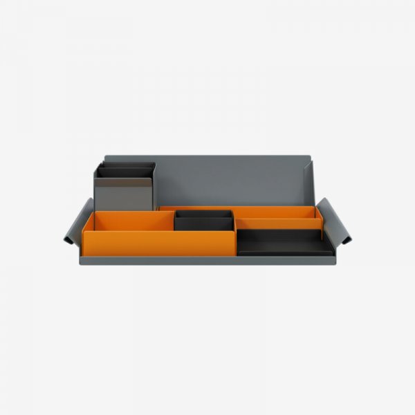 Desk Organiser | Large | Bisley Orange Large Inner Trays | Black Small Inner Trays | Bisley Mosaic
