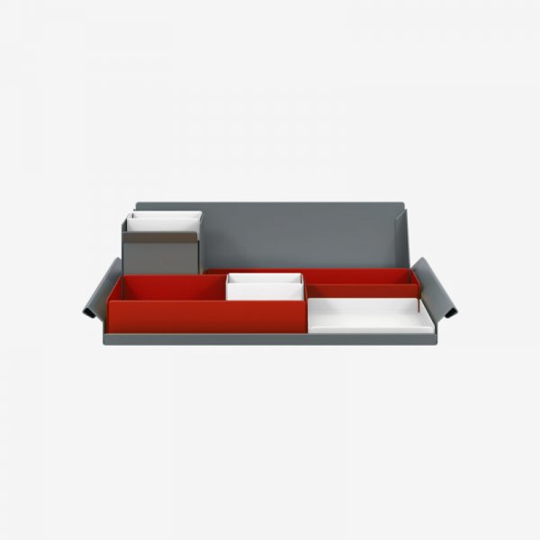 Desk Organiser | Large | Cardinal Red Large Inner Trays | Traffic White Small Inner Trays | Bisley Mosaic