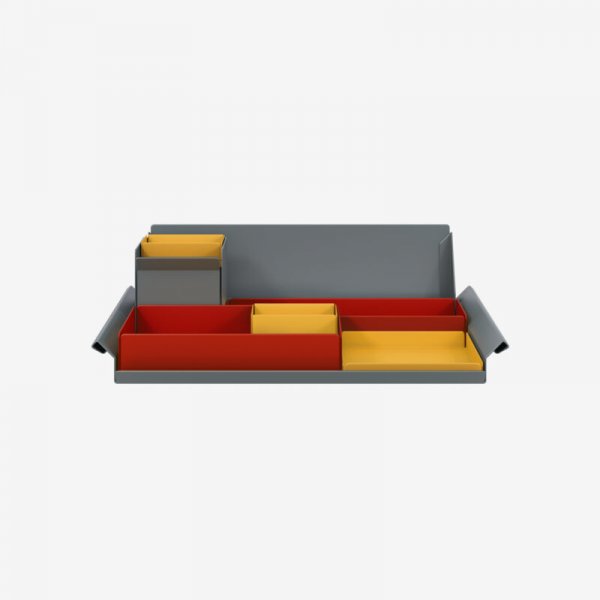 Desk Organiser | Large | Cardinal Red Large Inner Trays | Golden Sunflower Yellow Small Inner Trays | Bisley Mosaic