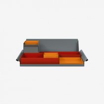 Desk Organiser | Large | Cardinal Red Large Inner Trays | Bisley Orange Small Inner Trays | Bisley Mosaic