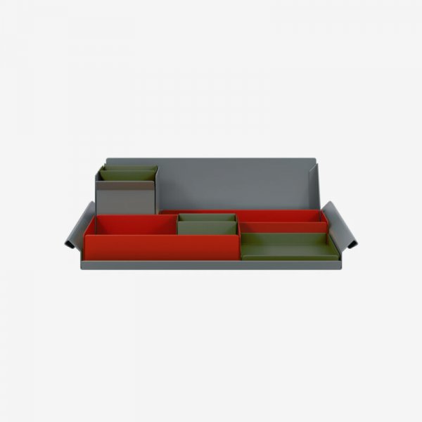 Desk Organiser | Large | Cardinal Red Large Inner Trays | Olive Green Small Inner Trays | Bisley Mosaic