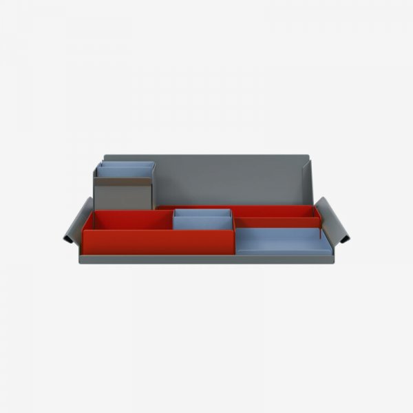 Desk Organiser | Large | Cardinal Red Large Inner Trays | Bisley Blue Small Inner Trays | Bisley Mosaic
