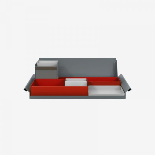 Desk Organiser | Large | Cardinal Red Large Inner Trays | Goose Grey Small Inner Trays | Bisley Mosaic