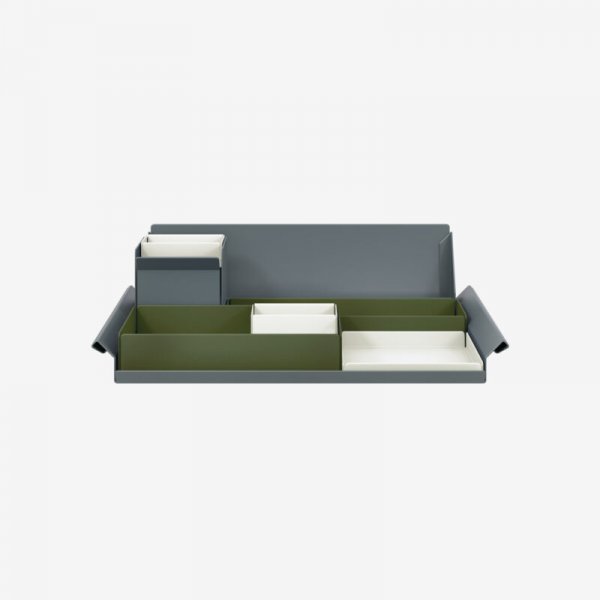 Desk Organiser | Large | Olive Green Large Inner Trays | Chalk Small Inner Trays | Bisley Mosaic