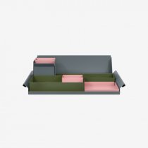 Desk Organiser | Large | Olive Green Large Inner Trays | Palest Pink Small Inner Trays | Bisley Mosaic