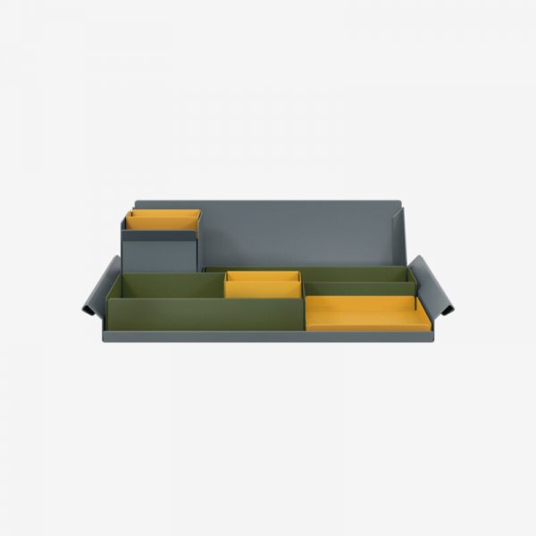 Desk Organiser | Large | Olive Green Large Inner Trays | Golden Sunflower Yellow Small Inner Trays | Bisley Mosaic