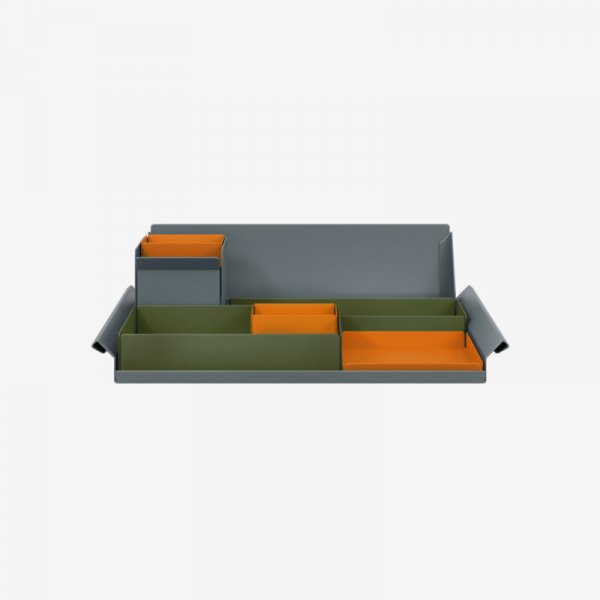 Desk Organiser | Large | Olive Green Large Inner Trays | Bisley Orange Small Inner Trays | Bisley Mosaic