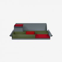 Desk Organiser | Large | Olive Green Large Inner Trays | Cardinal Red Small Inner Trays | Bisley Mosaic