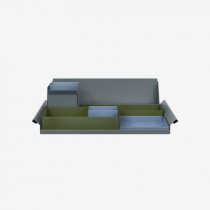 Desk Organiser | Large | Olive Green Large Inner Trays | Bisley Blue Small Inner Trays | Bisley Mosaic