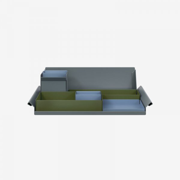 Desk Organiser | Large | Olive Green Large Inner Trays | Bisley Blue Small Inner Trays | Bisley Mosaic