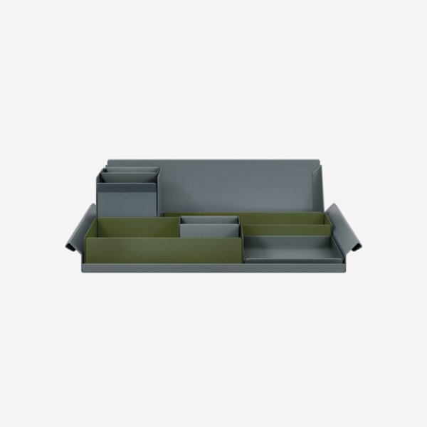 Desk Organiser | Large | Olive Green Large Inner Trays | Anthracite Grey Small Inner Trays | Bisley Mosaic