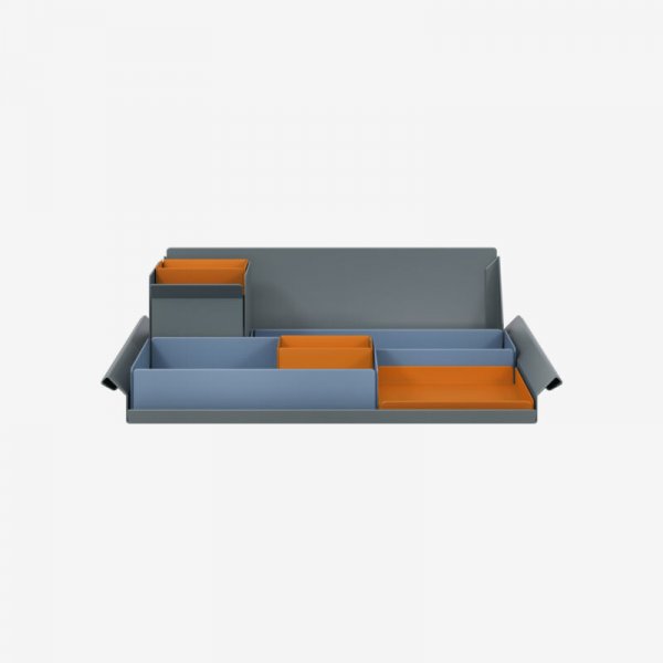 Desk Organiser | Large | Bisley Blue Large Inner Trays | Bisley Orange Small Inner Trays | Bisley Mosaic