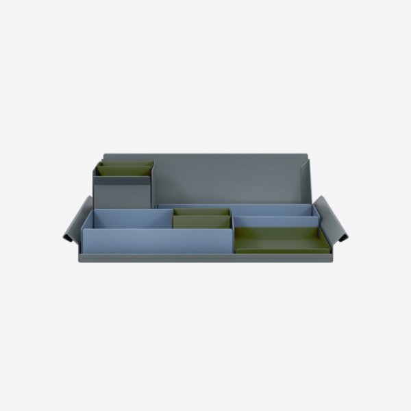 Desk Organiser | Large | Bisley Blue Large Inner Trays | Olive Green Small Inner Trays | Bisley Mosaic