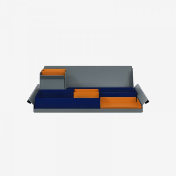 Desk Organiser | Large | Oxford Blue Large Inner Trays | Bisley Orange Small Inner Trays | Bisley Mosaic