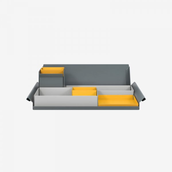 Desk Organiser | Large | Goose Grey Large Inner Trays | Golden Sunflower Yellow Small Inner Trays | Bisley Mosaic