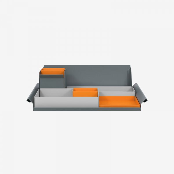 Desk Organiser | Large | Goose Grey Large Inner Trays | Bisley Orange Small Inner Trays | Bisley Mosaic