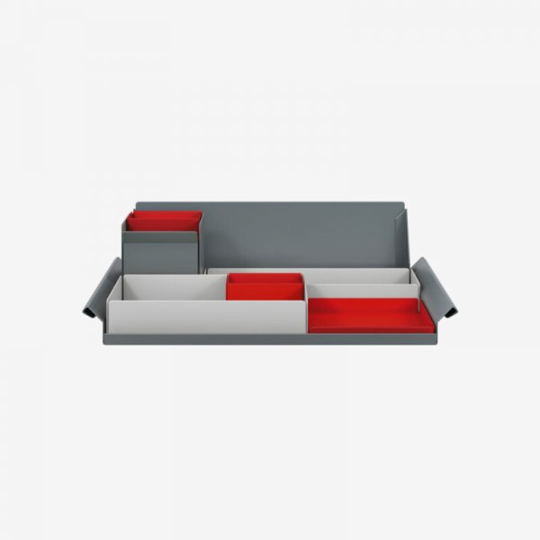Desk Organiser | Large | Goose Grey Large Inner Trays | Cardinal Red Small Inner Trays | Bisley Mosaic