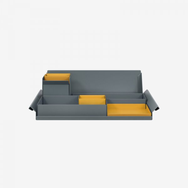 Desk Organiser | Large | Anthracite Grey Large Inner Trays | Golden Sunflower Yellow Small Inner Trays | Bisley Mosaic