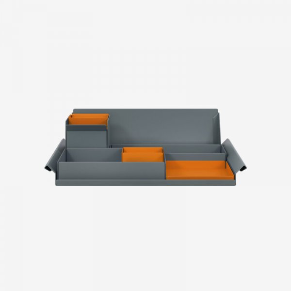 Desk Organiser | Large | Anthracite Grey Large Inner Trays | Bisley Orange Small Inner Trays | Bisley Mosaic