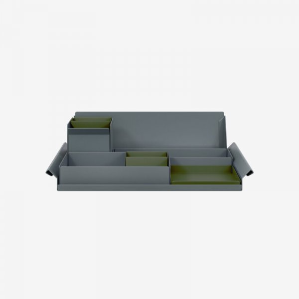 Desk Organiser | Large | Anthracite Grey Large Inner Trays | Olive Green Small Inner Trays | Bisley Mosaic