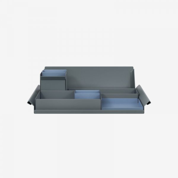 Desk Organiser | Large | Anthracite Grey Large Inner Trays | Bisley Blue Small Inner Trays | Bisley Mosaic