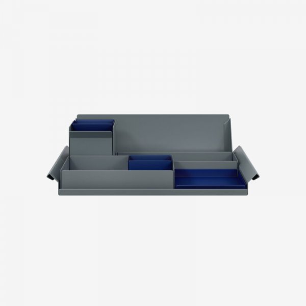 Desk Organiser | Large | Anthracite Grey Large Inner Trays | Oxford Blue Small Inner Trays | Bisley Mosaic