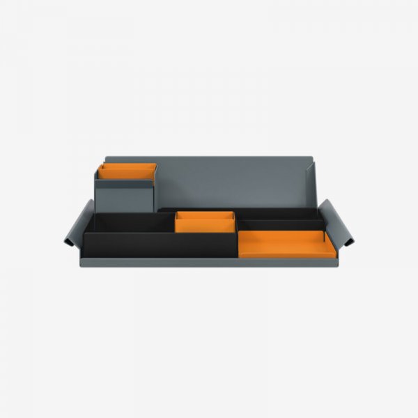 Desk Organiser | Large | Black Large Inner Trays | Bisley Orange Small Inner Trays | Bisley Mosaic