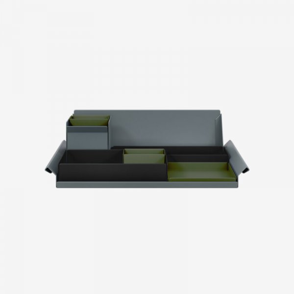 Desk Organiser | Large | Black Large Inner Trays | Olive Green Small Inner Trays | Bisley Mosaic